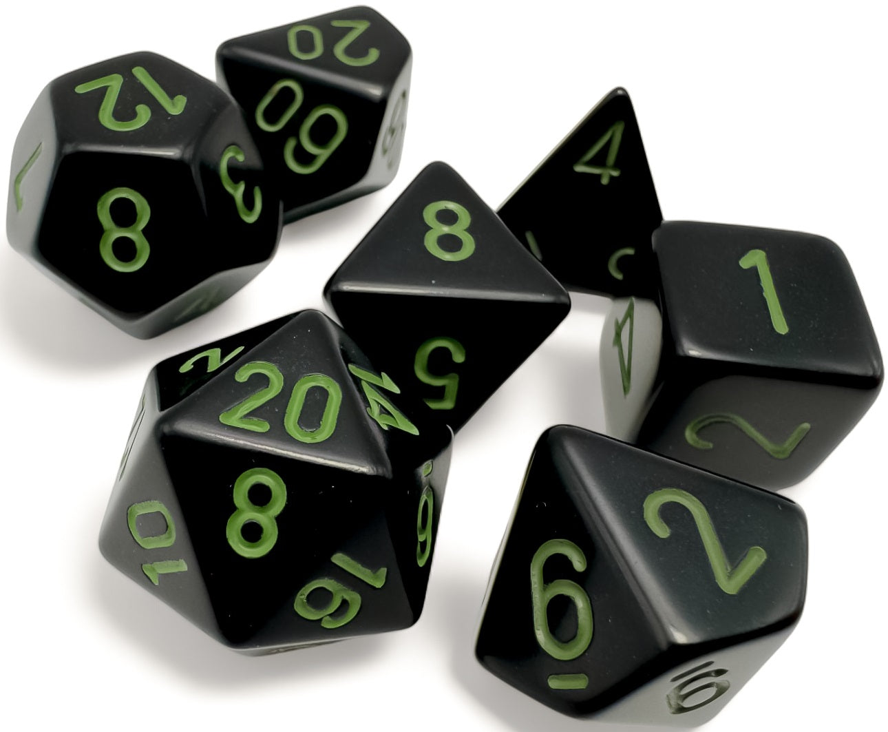 OPAQUE 7-DIE SET POLYHEDRAL BLACK/GREEN | The CG Realm