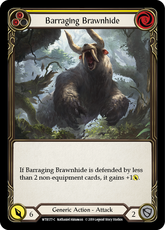 Barraging Brawnhide (Yellow) [WTR177-C] (Welcome to Rathe)  Alpha Print Rainbow Foil | The CG Realm