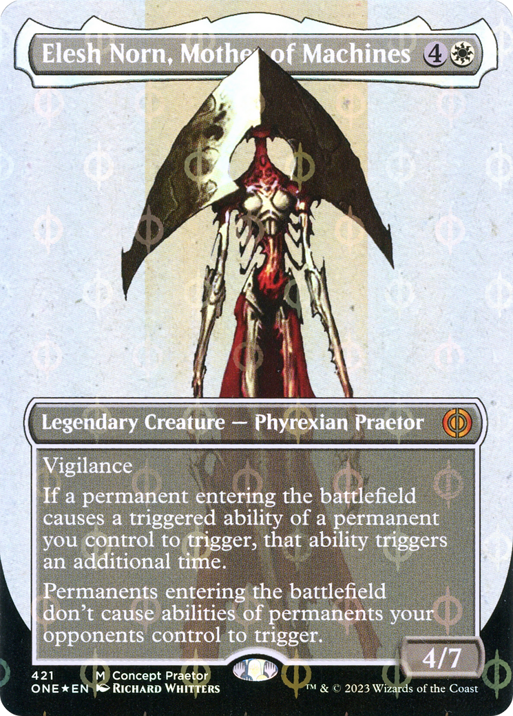 Elesh Norn, Mother of Machines (Borderless Concept Praetors Step-and-Compleat Foil) [Phyrexia: All Will Be One] | The CG Realm