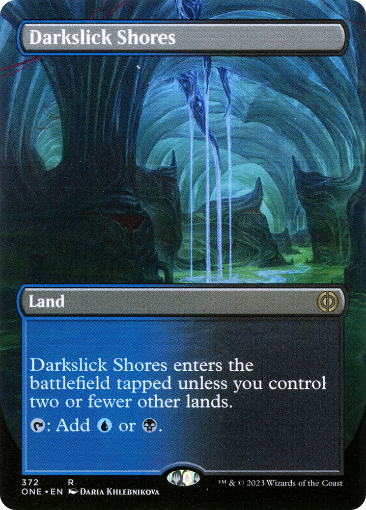 Darkslick Shores (Borderless Alternate Art) [Phyrexia: All Will Be One] | The CG Realm