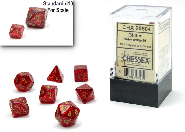 GLITTER MINI-POLYHEDRAL 7-DIE SET RUBY/GOLD | The CG Realm